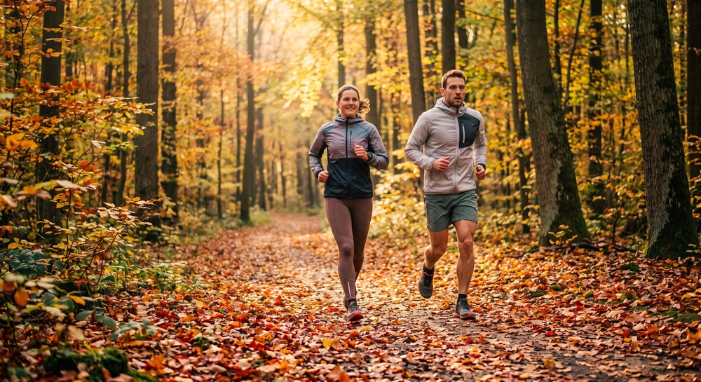 Duo de coureurs (homme et femme) courant ensemble à un rythme régulier sur un sentier forestier d'automne, illustrant l'endurance au seuil.